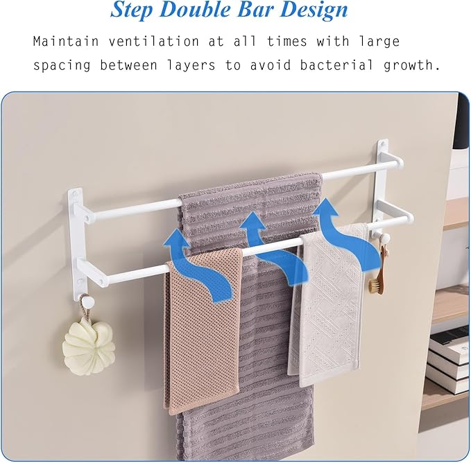 White Double Towel Bar with Hooks, 30 Inch Wall Mounted Long Towel Rack - Stainless Steel Bathroom Towel Holder