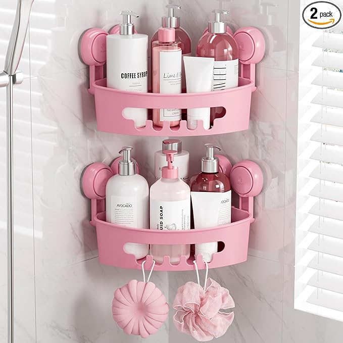 TAILI Suction Corner Shower Caddy, Bathroom Shelf Storage Basket Wall Mounted Organizer for Shampoo, Conditioner, Plastic Rack for Kitchen and Bathroom, Drill-Free Removable (2 Pack)-PINK