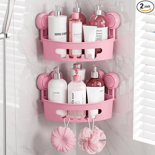 TAILI Suction Corner Shower Caddy, Bathroom Shelf Storage Basket Wall Mounted Organizer for Shampoo, Conditioner, Plastic Rack for Kitchen and Bathroom, Drill-Free Removable (2 Pack)-PINK