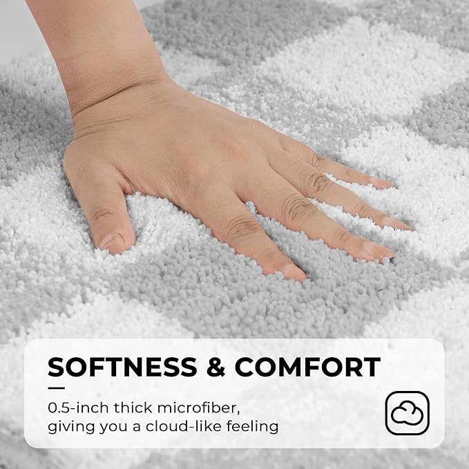 GRANNY SAYS Checkered Grey Bathroom Rugs, 24" x 16", Non-Slip Bath Mats for Bathroom, Plush Shag Absorbent Microfiber Ultra Soft Bath Mat, Cute Washable Rug for Tub, Shower, Bedroom
