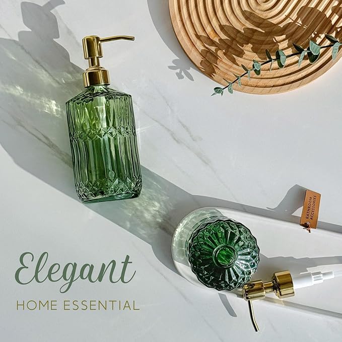 JASAI 18Oz Green Glass Soap Dispenser with Gold Rust Proof Pump, Refillable Kitchen soap Dispenser for Dish Soap, Soap Dispenser Bathroom for Hand soap, Lotion, Body Wash.