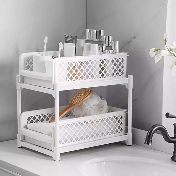 2 Layer Bathroom Sliding Basket Storage Cabinet, Bathroom Shelf with Pull Out Drawers, White Space Storage Rack for Supplies, to Inl No Dril Needed