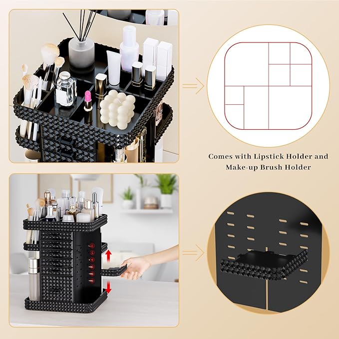 360 Rotating Makeup Organizer for Vanity, Large Skin Care Organizer with 6 Drawers Clear Acrylic Cosmetic Organizer Adjustable Spinning Makeup Storage Perfume Organizer for Dresser (Black)