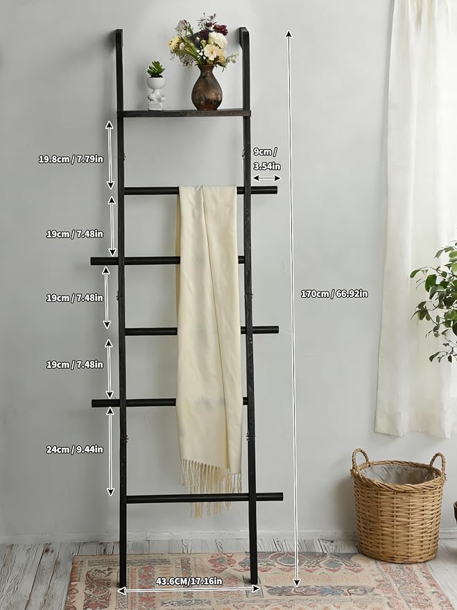 Taozun Black Blanket Ladder with Shelf for Living Room, 67-Inch Wooden 5-Tier Farmhouse Towels and Quilt Rack Decor - Wall Leaning Display Holder for Blankets and Throws
