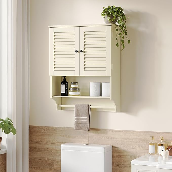 ChooChoo Bathroom Wall Cabinet with Towels Bar, 23.6" L x 8.8" W x 29.5" H MDF Material Medicine Cabinet, 2 Doors Over The Toilet Space Saver Storage Cabinet with Large Space, Cream Yellow