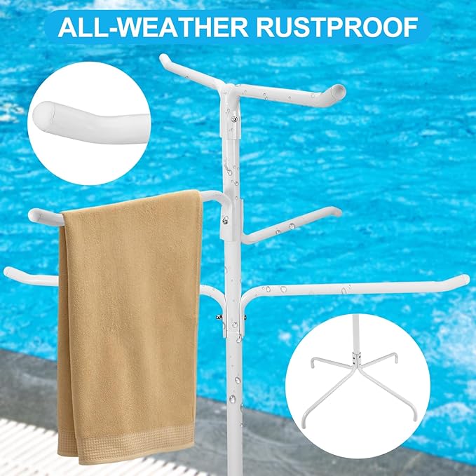 Pool Towel Rack Outdoor, Heavy Duty Freestanding Towel Holder Stand with 6 Bars & Stable Metal Base, 52-inch Tall Hot Tub Towel Hanger for Poolside, Spa, Bathroom, Sauna (White)