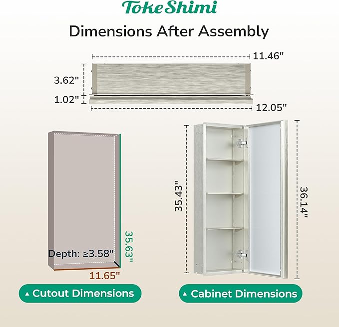 TokeShimi 12 x 36 Brushed Nickel Recessed Medicine Cabinet with Mirror, Assembly Required, Bathroom Medicine Cabinet with Mirror, Stepless Adjustable Shelves, Beveled Aluminum Frame, DTC Hinge