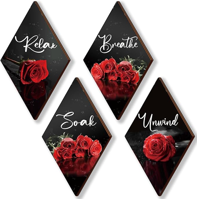 ONIZHITY Set of 4 Red Bathroom Decor Rose Wooden Wall Decor Flower Rustic Romantic Floral Farmhouse Wall Decor Modern Breathe Soak Unwind Relax Signs Red Decor for Room Kitchen Bathroom (12 x 7)