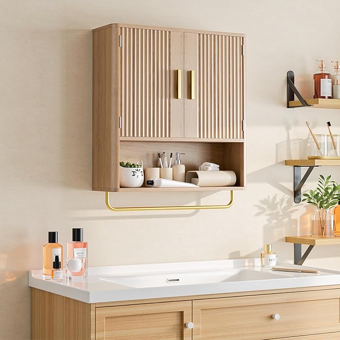 Memobarco Bathroom Cabinet Wall Mount with Fluted Door Panel & Adjustable Shelf, Medicine Cabinet with Open Partition and Towel Bar, Wall Storage Cabinet for Laundry Room & Kitchen (Natural Oak)