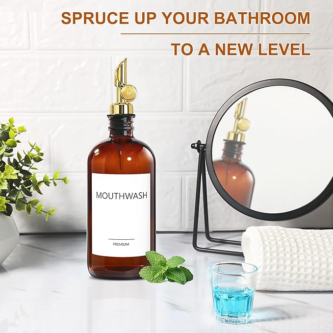 Mouthwash Dispenser for Bathroom, Glass Mouthwash Dispenser with Cup, Mouth Wash Container Bottle with Cup, Refillable Mouthwash Decanter, Amber, 1 Pack, 17oz