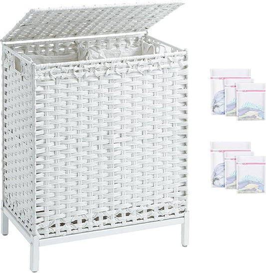 Laundry Hamper with Lid,112 L Handwoven Rattan Wicker Laundry Basket, 2 Removable Liner Bags Metal Heightened Feet,6 Mesh Bags,2 Section Large Clothes Hamper for Bathroom Bedroom, Cloud White