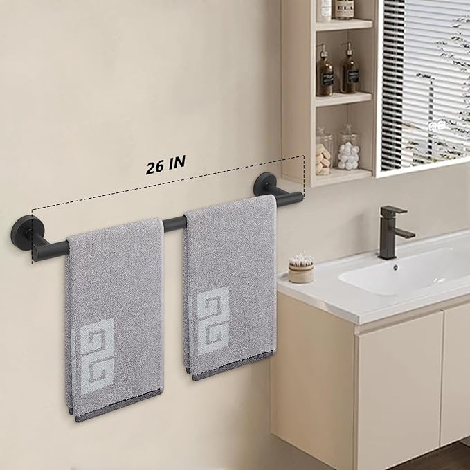 NearMoon Bath Towel Bar, Thicken Stainless Steel Shower Towel Rack Holder Wall Mounted for Bathroom, 26-lnch Overall Length-24-lnch Usable Hanging Space (1 Pack, Matte Black)