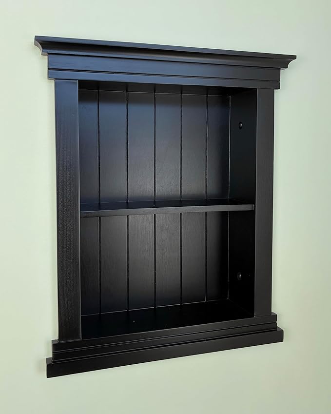 Fox Hollow Furnishings 14x18 Elliot Craftsman Recessed Wood Wall Niche, Open Medicine Cabinet Replacement, in The Wall Bathroom Cabinet Insert Shelves, Made in North America, NO MDF, Beadboard, Black