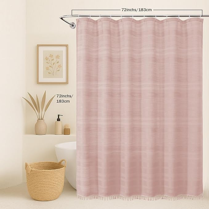 OVZME Pink Shower Curtain for Bathroom, Boho Linen Textured Shower Curtain with Tassel, Rustic Striped Heavy Duty Vintage Country Bathroom Curtain, 72Wx72L Inches