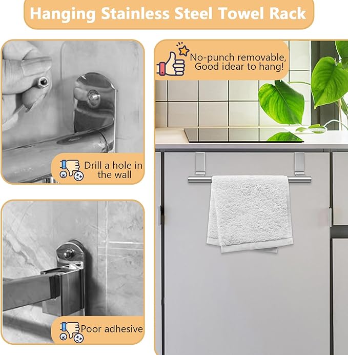 2 Pack Over Cabinet Door Towel Rack, 14" Kitchen Towel Holder, Stainless Steel Towel Bar Hand Towel and Dish Towel Holder for Kitchen Bathroom