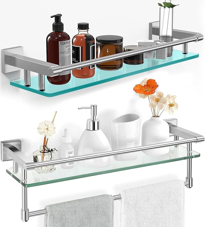 2 Pack Glass Shelf Bathroom Shelves for Bathroom 21inch Rectangular Holder Brackets Stainless Steel Tempered Glass Modern Toilet Storage Stand Mount Accessories Brushed Nickel