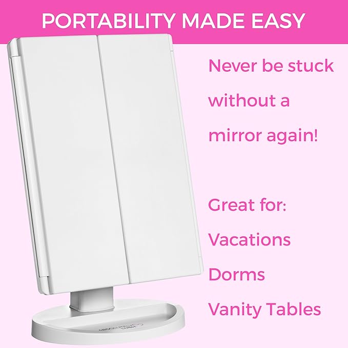 Luvly Trifold Vanity Mirror with LED Lights | Touch Screen Dimming - 1x 2X 3X Magnification - Portable Makeup Mirror