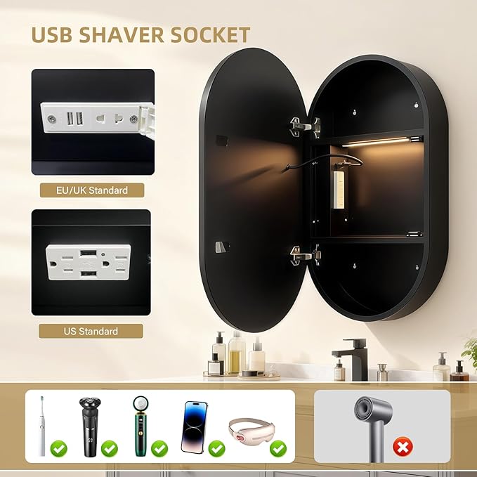 Oval Medicine Cabinet with Light,LED Mirror Cabinet,USB Shaver Socket,Internal Light,Steel with Powder Coating,Soft Closing Hinge,20×32inch