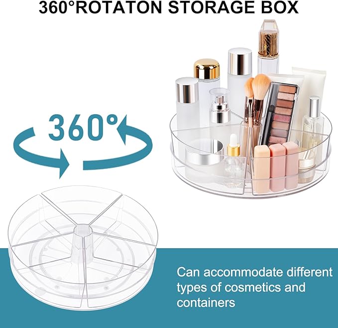 360° Rotating Makeup Organizer, 10.5" Clear Turntable Lazy Susan Organizer for Vanity, Bathroom Counter, Cabinet, Spinning Cosmetic Storage Holder with 5 Removable Dividers for Skincare