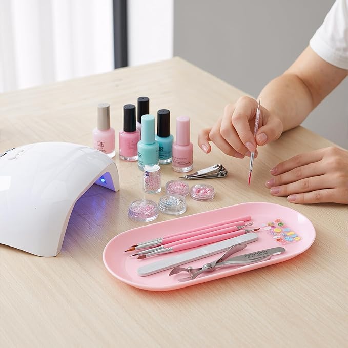 SynHHergyx Pink Nail Tray Oval Plastic Nail Art Dish Manicure Tool Tray Display Jewelry Organizer Trays for Nails Tools, Jewelry Storage, Bathroom Vanity, Countertop Decor, Small Decorative Plate