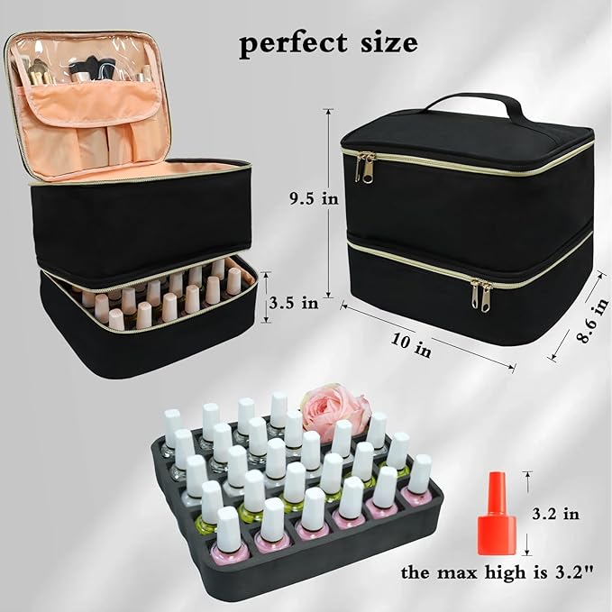 Nail Polish Organizer Case Double-Layer Nail Supplies Organizer Bag Holds 30 Bottles & Nail Lamp, Professional Nail Kit Storage Carrying Case (Black)