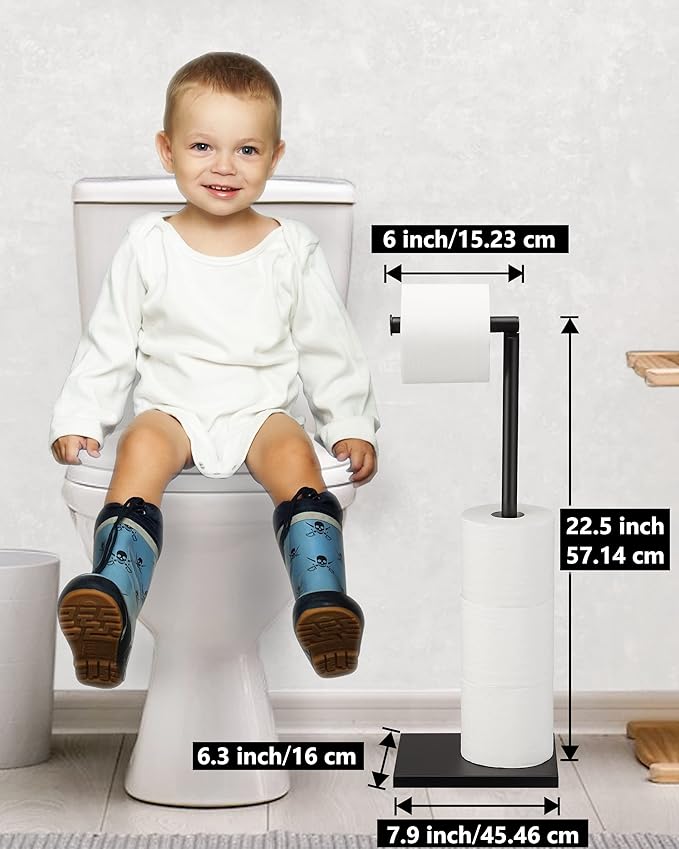 Free Standing Bathroom Toilet Paper Holder Stand with Reserve, Stainless Steel Pedestal Tissue Roll Holder, Black DECLUTTR
