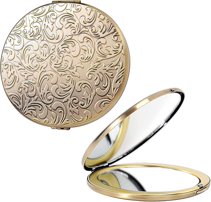 Oval Mini Portable Metal Folding Mirror, Beautiful and Elegant, Sturdy and Durable, 1X/2X Magnifier. (Oval Pattern Bronze)