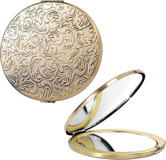 Oval Mini Portable Metal Folding Mirror, Beautiful and Elegant, Sturdy and Durable, 1X/2X Magnifier. (Oval Pattern Bronze)