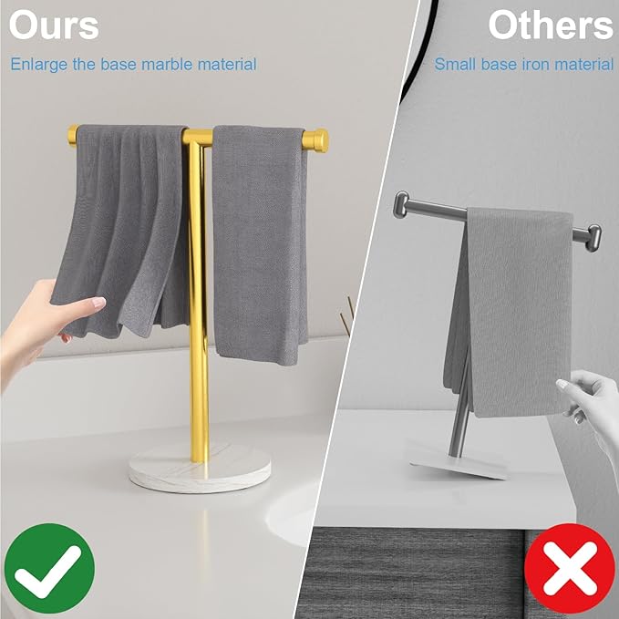Hand Towel Holder, T-Shape Hand Towel Stand with Heavy Marble Base, Stainless Steel Towel Bar Rack for Bathroom Vanity, Kitchen Countertop, Gold
