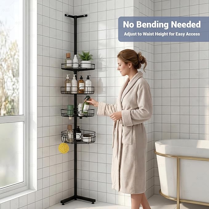 Standing Shower Caddy, 4-Tier Adjustable Height Bathroom Organizer, 6-Section Pole, Sturdy Floor Standing Shelf for Shower or Bathtub – No Drilling, No Spring Tension