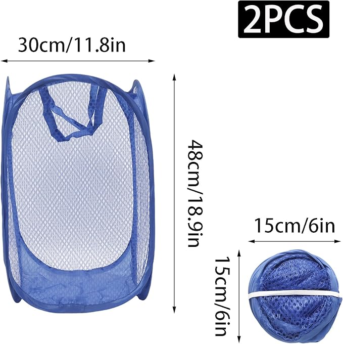 2Pcs Popup Mesh Laundry Baskets, Collapsible and Portable Laundry Hamper, Ideal for Travel and Home Use (Black & Dark Blue)