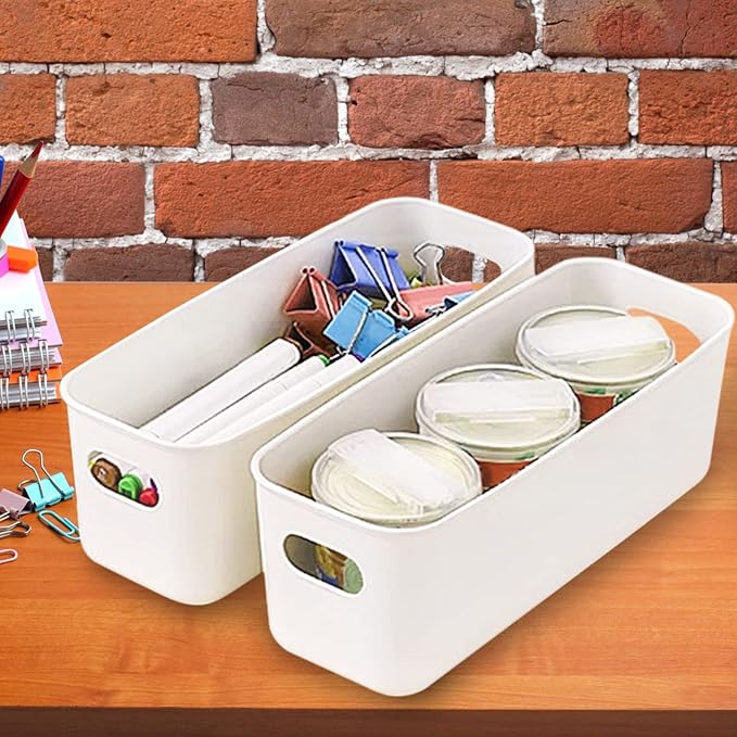 3 Pack White Storage Bin, 10" Long Bathroom Organizing Bins, Plastic Organizer Bins with Handles for Vanity, Pantry, Shelves