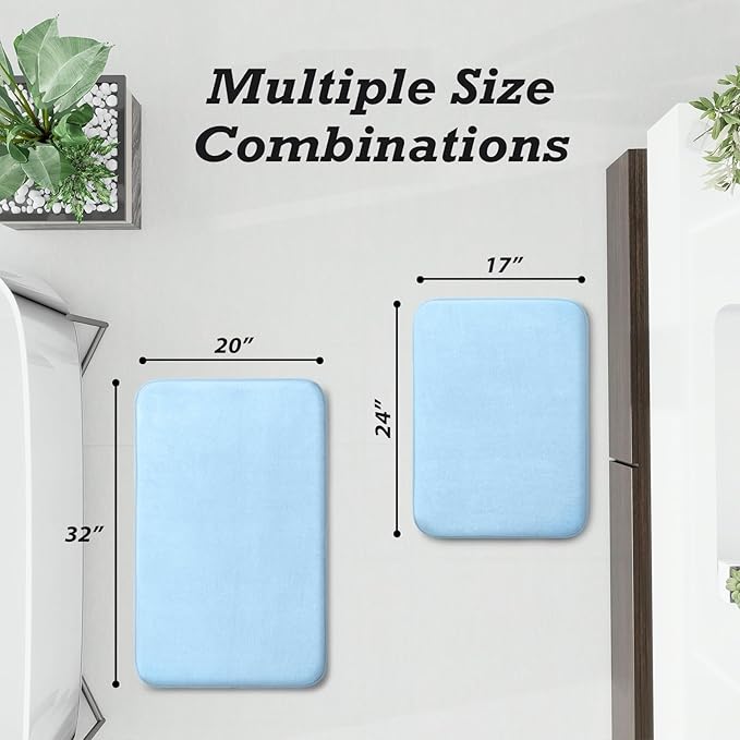 HUXMEYSON Bathroom Rugs Sets 2 Piece, Non-Slip & Quick Dry Bath Mat Set, Ultra Soft Velvet Bath Rugs for Bathroom, Toilet and Shower Floor, Light Blue