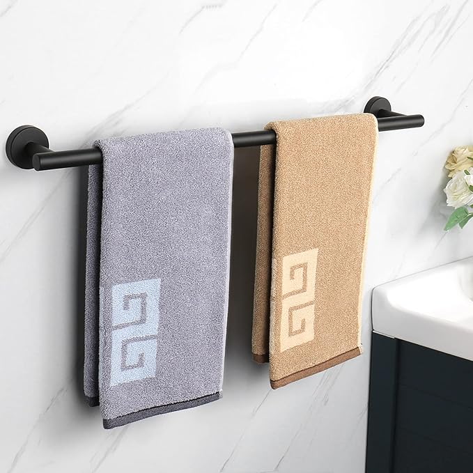 NearMoon Bath Towel Bar, Thicken Stainless Steel Shower Towel Rack Holder Wall Mounted for Bathroom, 26-lnch Overall Length-24-lnch Usable Hanging Space (1 Pack, Matte Black)