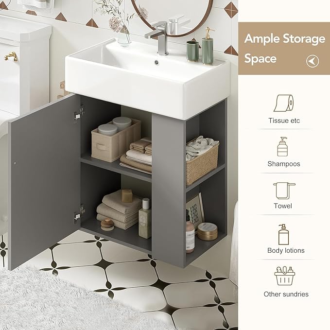 Virubi 21.6 in Floating Bathroom Vanity with Sink,Soft Closing Doors,Solid Wood Frame & MDF Modern Single Small Bathroom Vanity Cabinet with Open Shelf,Wall Mounted (Grey,Right Shelves)
