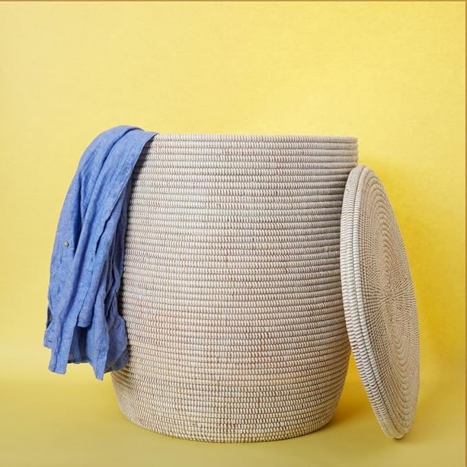 White Basket with Lid, Medium Size, 20 Inch Tall, 18 Inch Wide