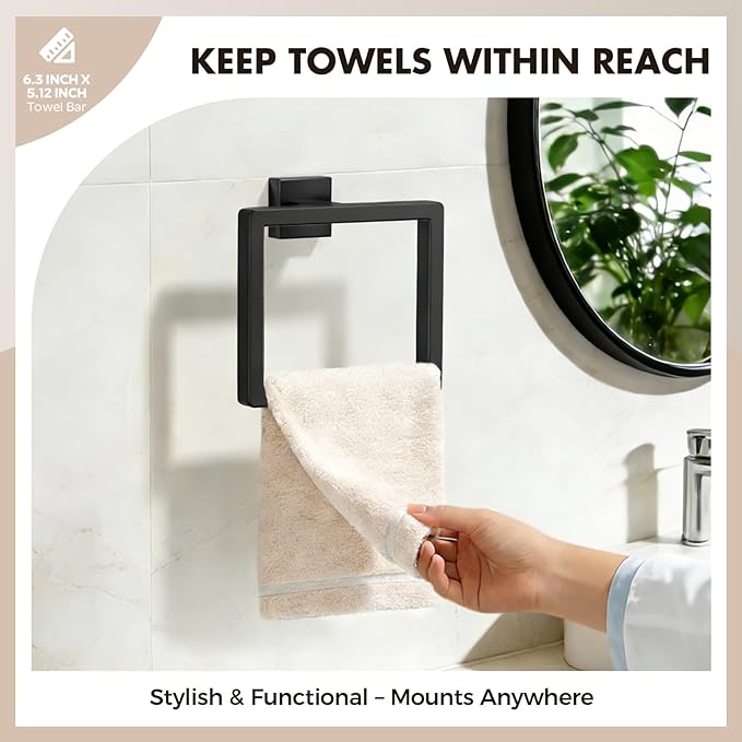 Bathroom Accessory Towel Bar Set: 5 Pieces Matte Black Square Bathroom Hardware SUS304 Stainless Steel - 24 Inch Wall Mounted Towel Rack&Toilet Paper Holder&Towel Ring and Towel Hook