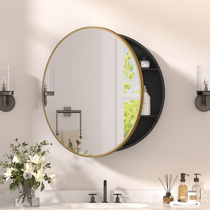 30 x 30 in Round Gold Mirror Medicine Cabinet Surface Mounted, Circular Modern Bathroom Medicine Cabinet with Mirror, Metal Framed Medicine Cabinets with Tempered Glass Mirror
