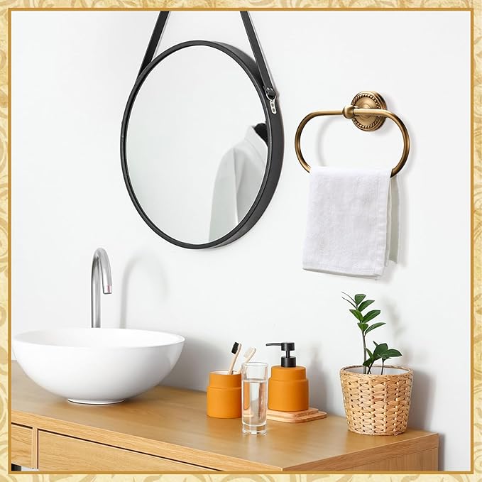 4 Pcs Antique Brass Gold Bathroom Accessories Set Wall-Mounted Towel Rack & Towel Ring & Toilet Paper Holder & Robe Hook, Wall Mounted Brass Vintage Bath Hardware Fixture Set(Style 1)