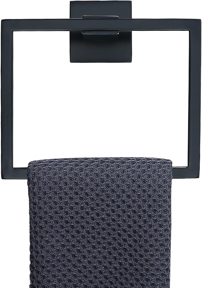 TNOMS Black Towel Ring Modern Square Hand Towel Bar,Towel Holder for Bathroom,Wall Mount Stainless Steel