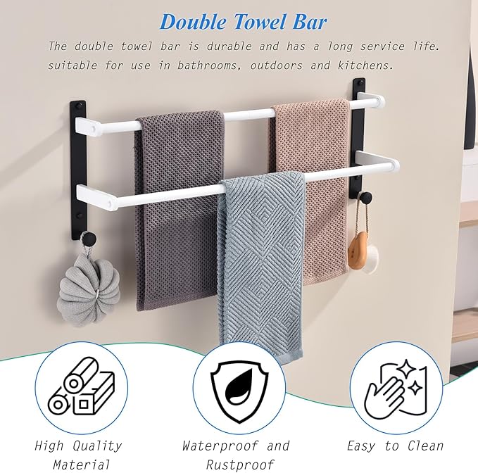 24-Inch Double Towel Bar with Hooks, Stainless Steel Towel Rod - Bathroom Wall Mounted Towel Hanger, White & Black