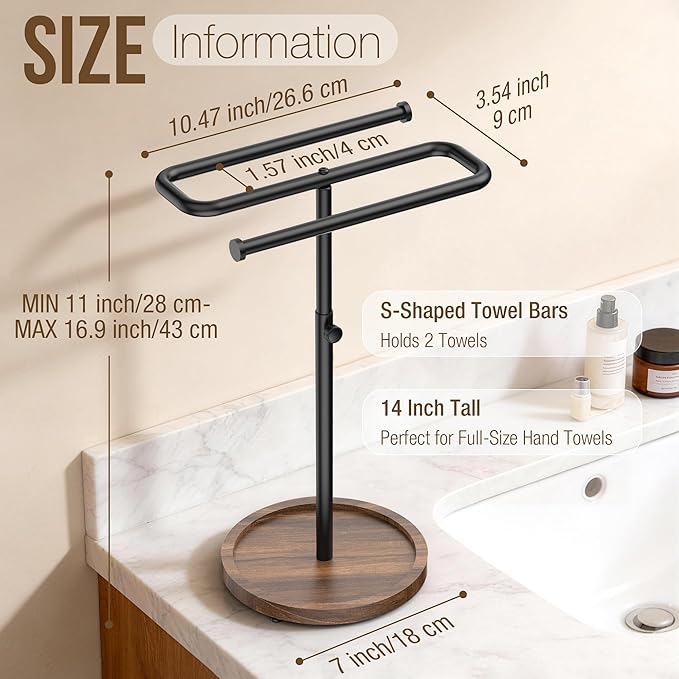 Aetyord Adjustable Hand Towel Holder Stand for Bathroom Countertop, S-Shaped Stainless Steel Towel Rack with Wood Base Strong and Suction Cups, Free Standing Hand Towel Tree for Kitchen Vanity