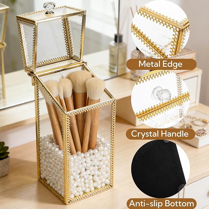 Pumtus Makeup Brush Holder Organizer with Lid, Glass Cosmetic Make Up Brushes Container, Clear Makeup Tool Storage Box Cup with Pearls, Vintage Dustproof Vanity Decor for Countertop Desktop
