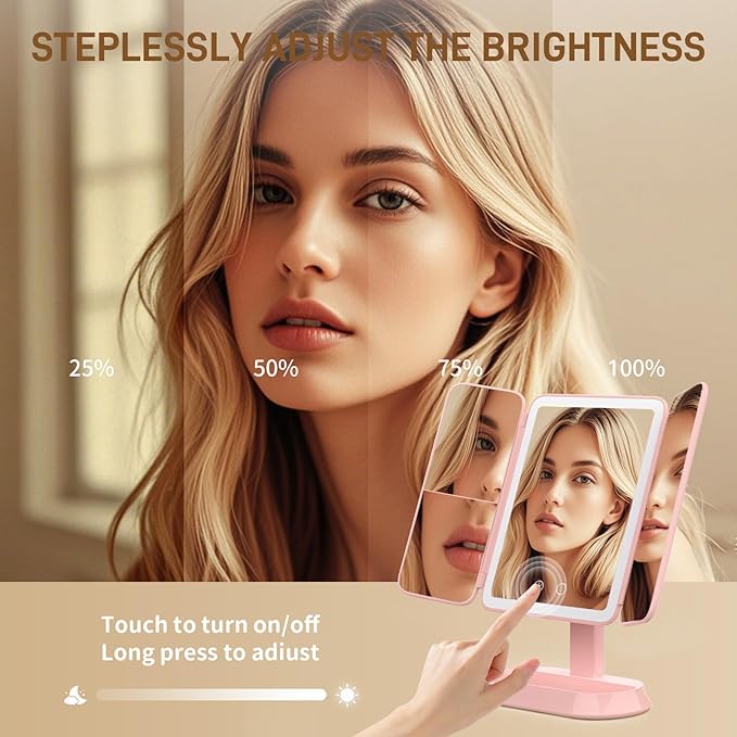 FRANO Rechargeable Trifold Makeup Mirror with Lights, 1X/3X/5X Magnification, Cordless 3-Color LED Vanity Mirror for Travel & Desk, Up to 20H Use, Ideal Gift for Women & Teens - Pink