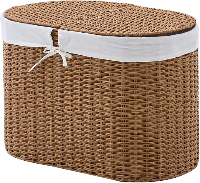 Laundry Hamper with Lid, 70L Handwoven Rattan Clothes Hamper with Removable Liner Bags, 2 Section Wicker Laundry Basket for Bedroom, Laundry Room and Bathroom(Rattan, 70L)