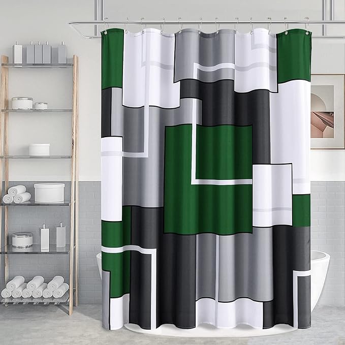 Green Shower Curtains for Bathroom Grey Shower Curtain Set with Hooks Geometric Linen Fabric Green and White Bath Curtains Decorative Water Repellent, 72x72