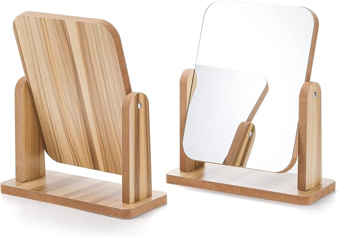 DEAYOU 2 Pack Vanity Mirror with Wood Stand, 360 Degree Rotation Makeup Mirror, Small Standing Swivel Cosmetic Mirror, Portable Wood Tabletop Mirror for Desk, Make Up, Gift, High-Definition