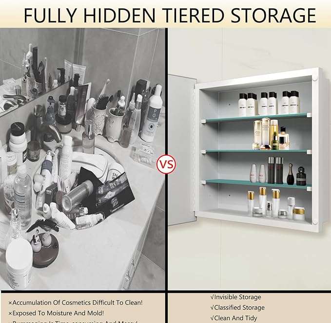 Medicine Cabinet with Beveled Mirror, 28x28 inch Square Mirror Cabinet, Recessed or Wall Mount, Bathroom Cabinet with Removable Shelves, Storage Suitable for Bathroom Bedroom