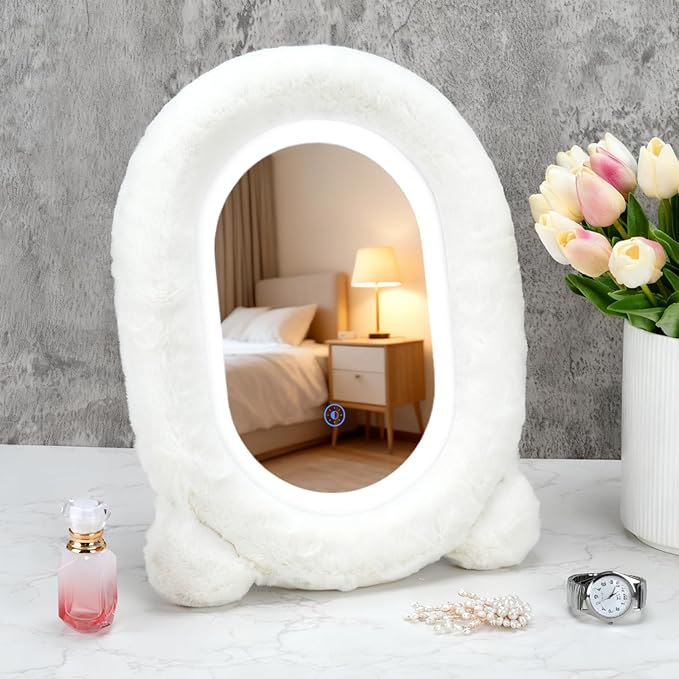 Lighted Makeup Mirror, 12”x16” Vanity Mirror with 3 Colors, Fur Wrapped Cosmetic Light Up Mirror Smart Touch Dimmable 3 Modes Light Tabletop Compact Mirror for Women Girlfriend Gift (White)