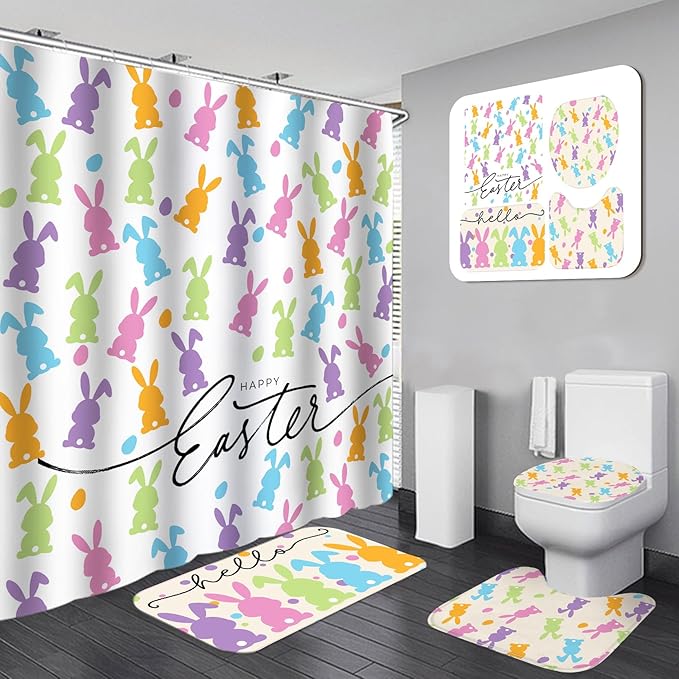 Drydiet 4 Pcs Easter Bunny Shower Curtain Sets 71 x 71 Inches Non Slip Rugs Toilet Lid Cover Bath Mat and 12 Hooks Easter Bathroom Shower Curtain for Bathroom Spring Decorations Farmhouse Home Decor